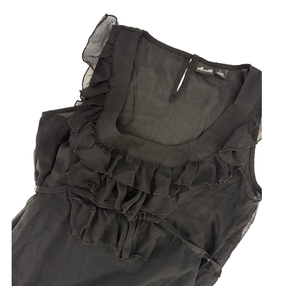 Willa Smith Black Ruffle 80's Sleeveless Blouse Sheer‎ Tiered Tank Tie Waist  L